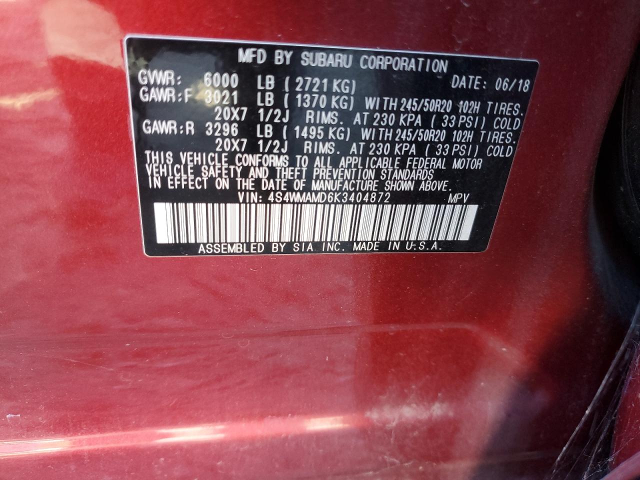 2019 Subaru Ascent VIN 4S4WMAMD6K3404872 Copart auction photo, front end / minor dent/scratches damage thumbnail 15