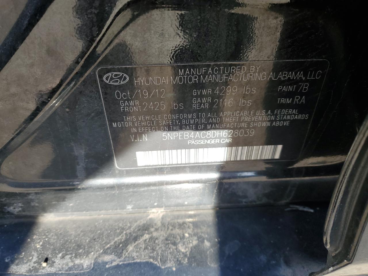 2013 Hyundai Sonata VIN 5NPEB4AC8DH628039 Copart auction photo, front end / side damage thumbnail 13