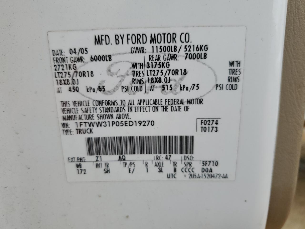 2005 Ford F350 VIN 1FTWW31P05ED19270 Copart auction photo, all over damage thumbnail 12