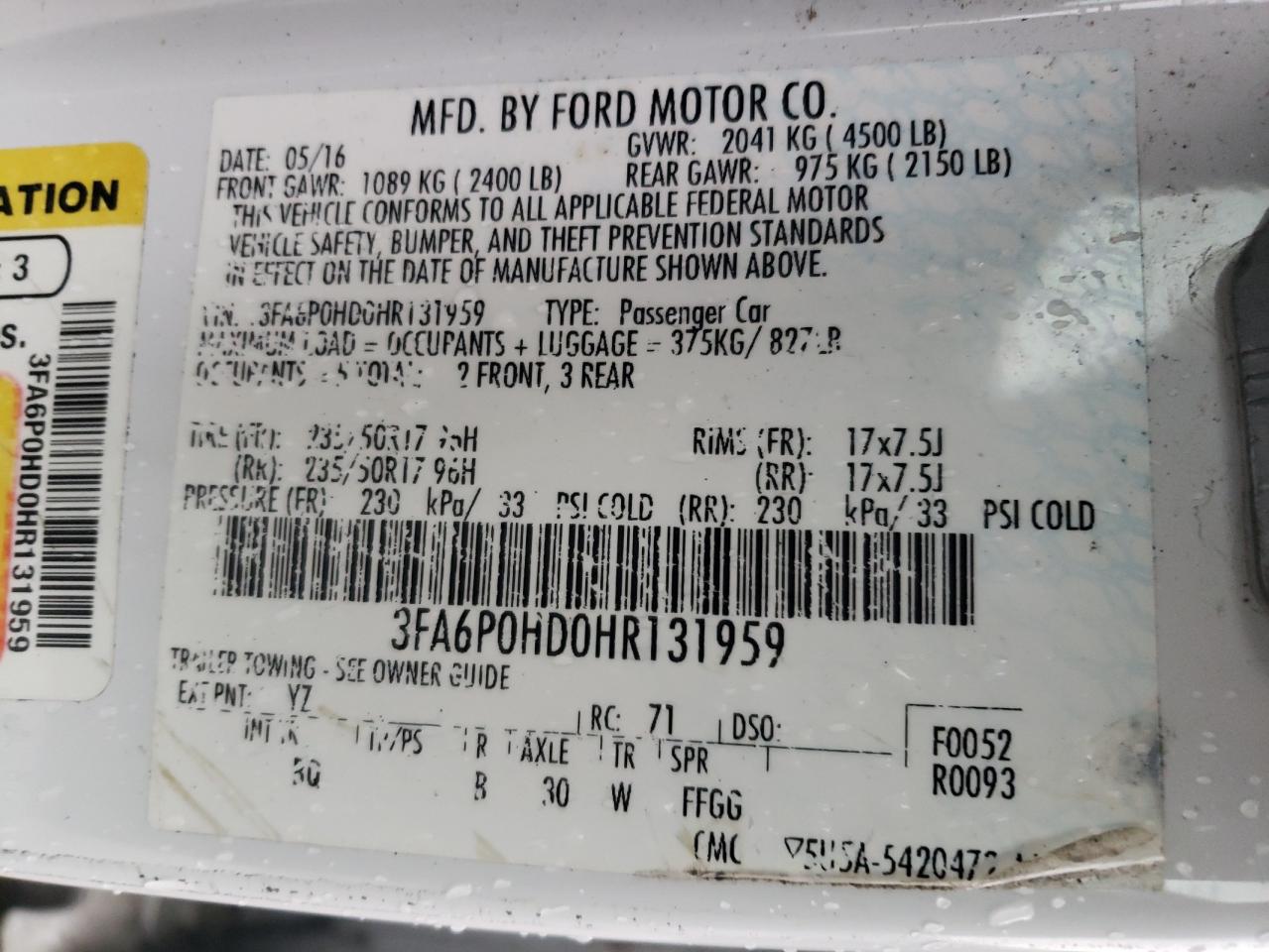 2017 Ford Fusion VIN 3FA6P0HD0HR131959 Copart auction photo, front end / rear end damage thumbnail 13