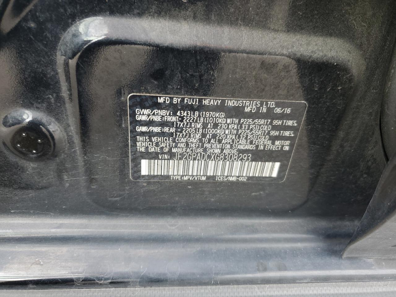 2016 Subaru XV VIN JF2GPADCXG8308293 Copart auction photo, front end damage thumbnail 13