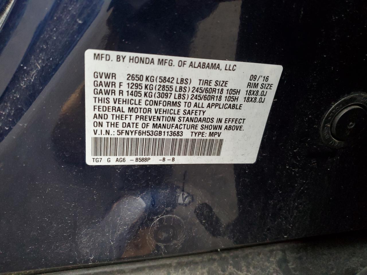 2016 Honda Pilot VIN 5FNYF6H53GB113683 Copart auction photo, side / minor dent/scratches damage thumbnail 12