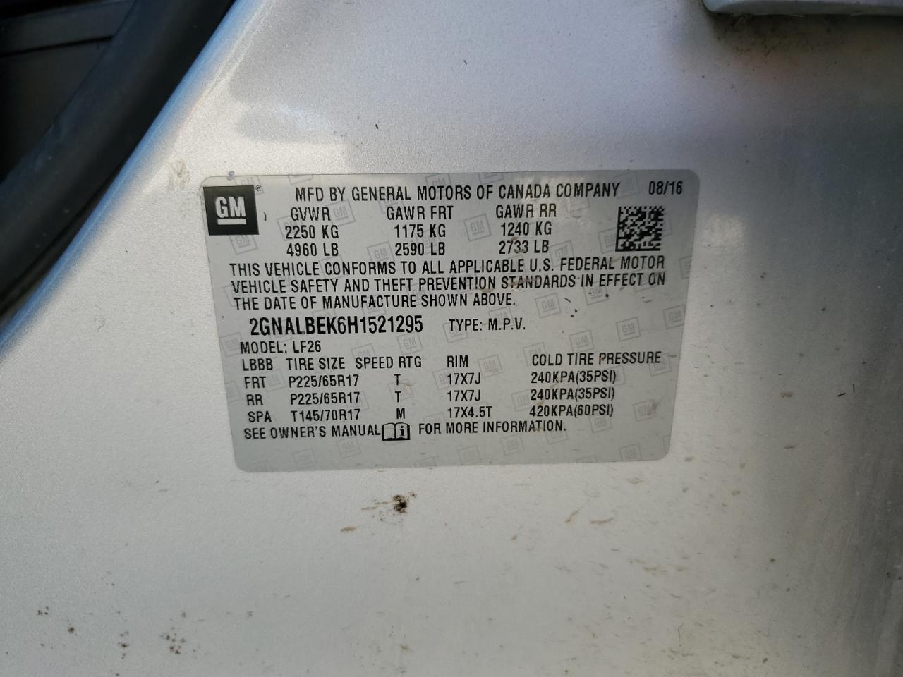 2017 Chevrolet Equinox VIN 2GNALBEK6H1521295 Copart auction photo, front end damage thumbnail 14