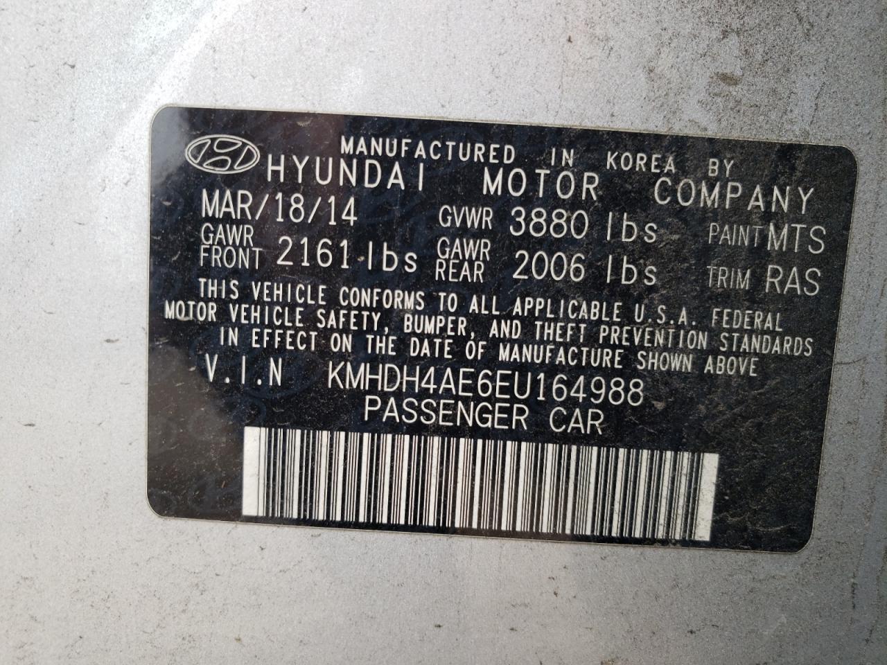 2014 Hyundai Elantra VIN KMHDH4AE6EU164988 Copart auction photo, water/flood / all over damage thumbnail 15