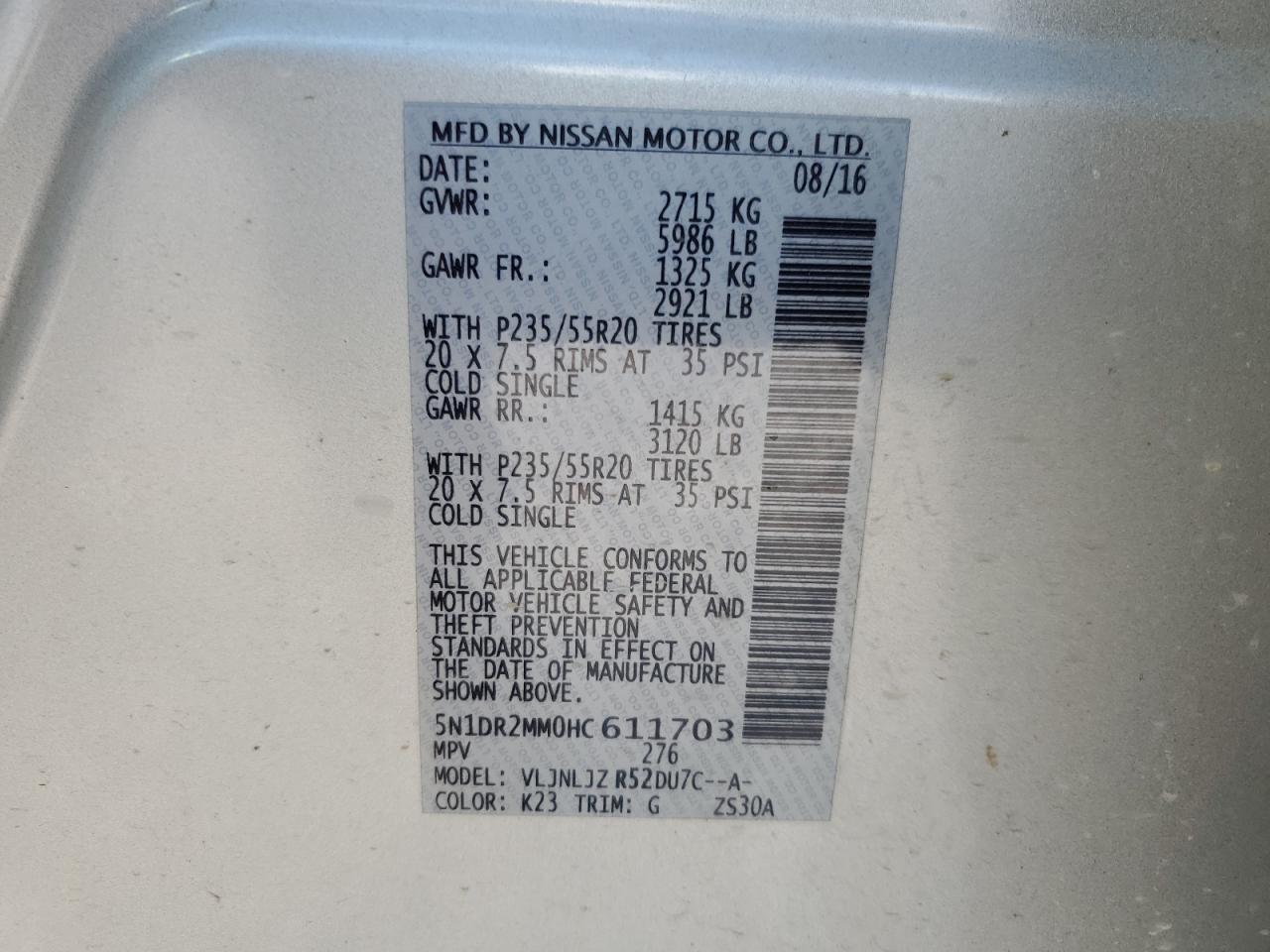 2017 Nissan Pathfinder VIN 5N1DR2MM0HC611703 Copart auction photo, side damage thumbnail 15