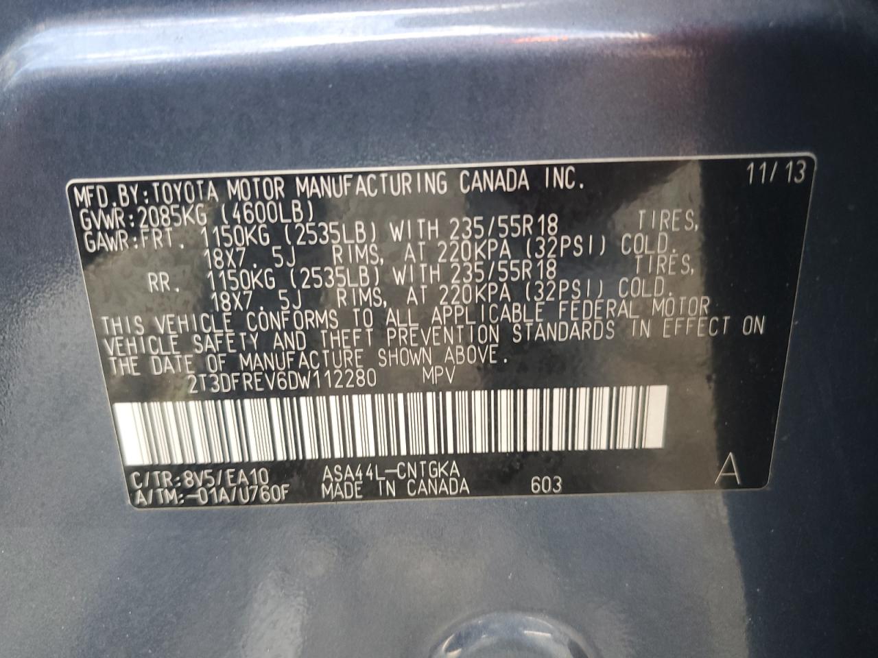 2013 Toyota RAV 4 VIN 2T3DFREV6DW112280 Copart auction photo, top/roof / front end damage thumbnail 15