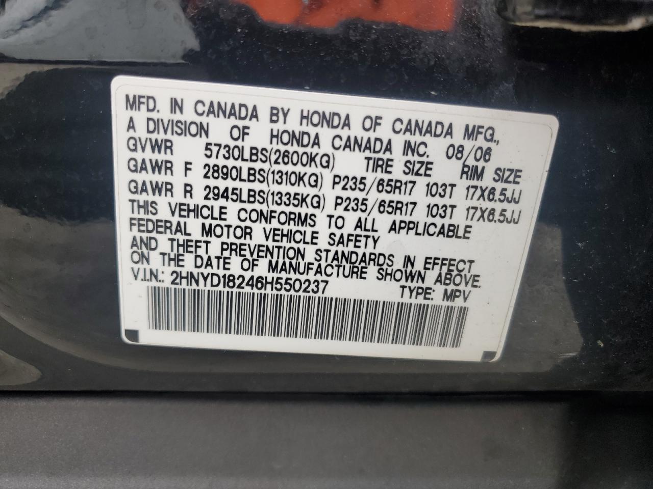 2006 Acura MDX VIN 2HNYD18246H550237 Copart auction photo, front end damage thumbnail 14