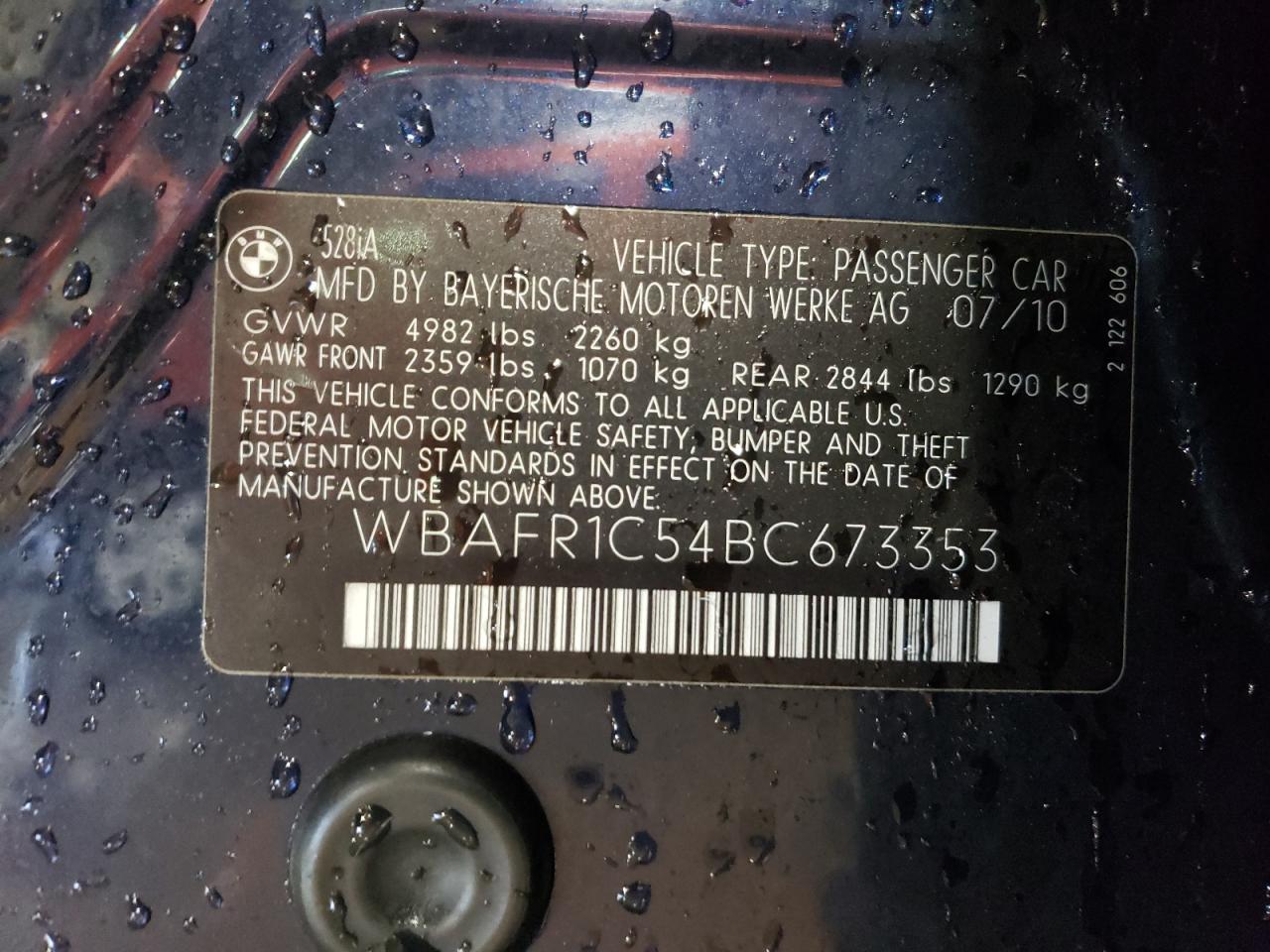2011 BMW 5er VIN WBAFR1C54BC673353 Copart auction photo, front end damage thumbnail 12