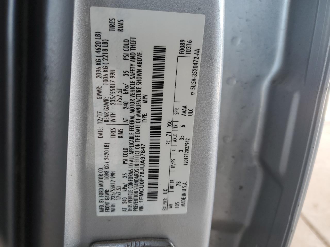 2018 Ford Escape VIN 1FMCU0F78JUA97847 Copart auction photo, front end damage thumbnail 12