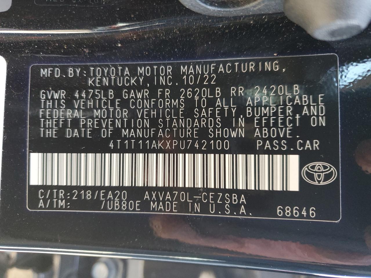 2023 Toyota Camry VIN 4T1T11AKXPU742100 Copart auction photo, front end / hail damage thumbnail 14