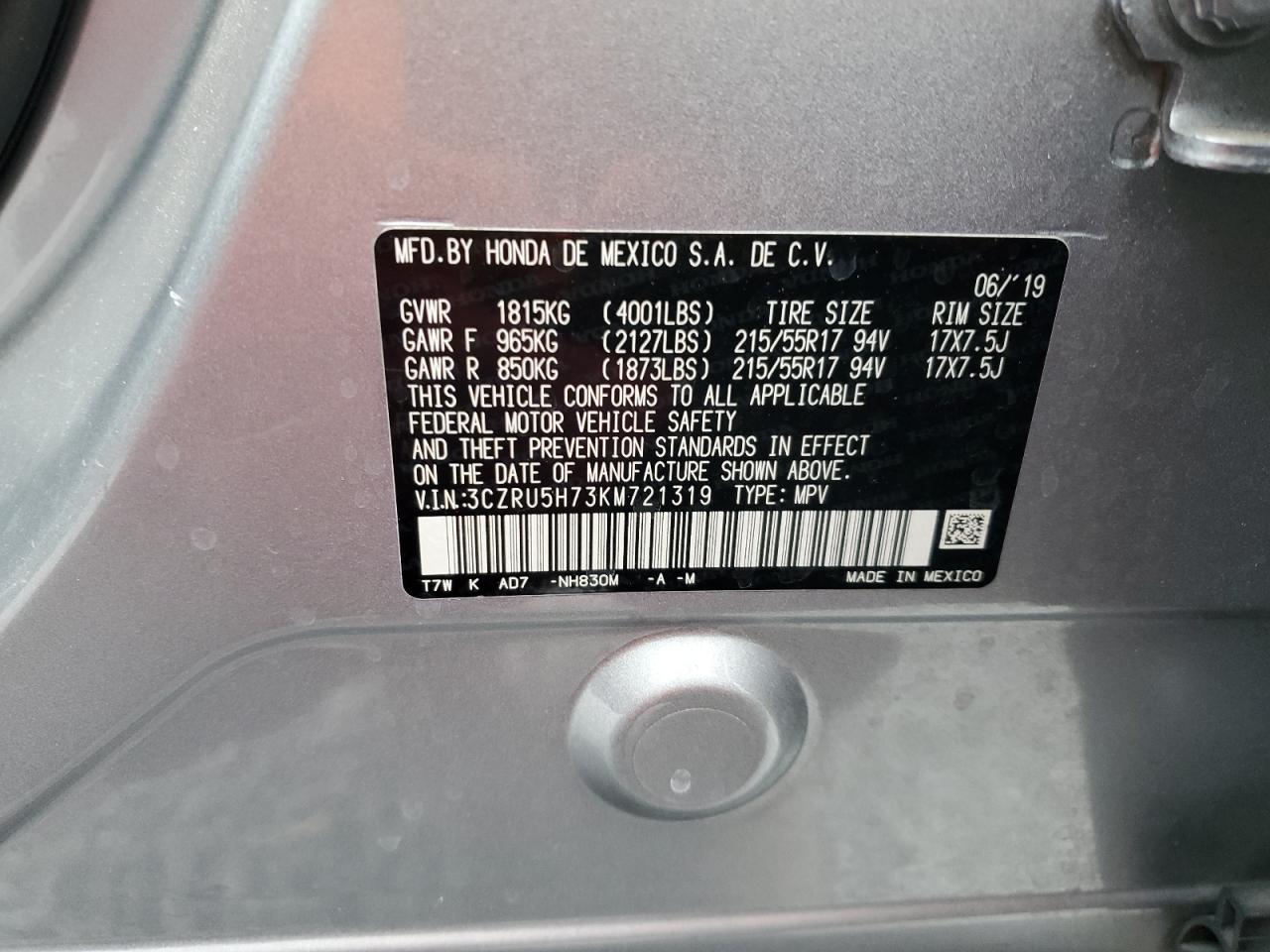 2019 Honda HR-V VIN 3CZRU5H73KM721319 Copart auction photo, side / front end damage thumbnail 13