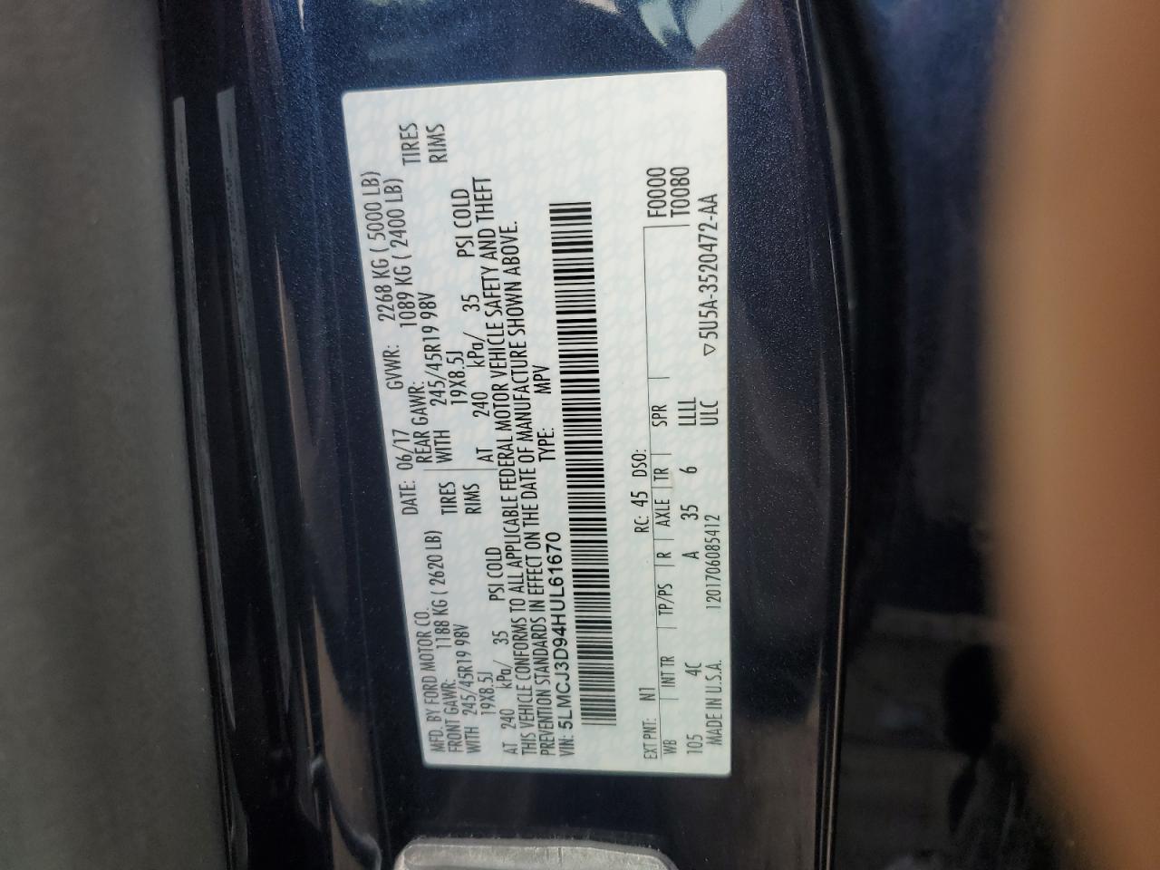 2017 Lincoln MKC VIN 5LMCJ3D94HUL61670 Copart auction photo, rear end damage thumbnail 13