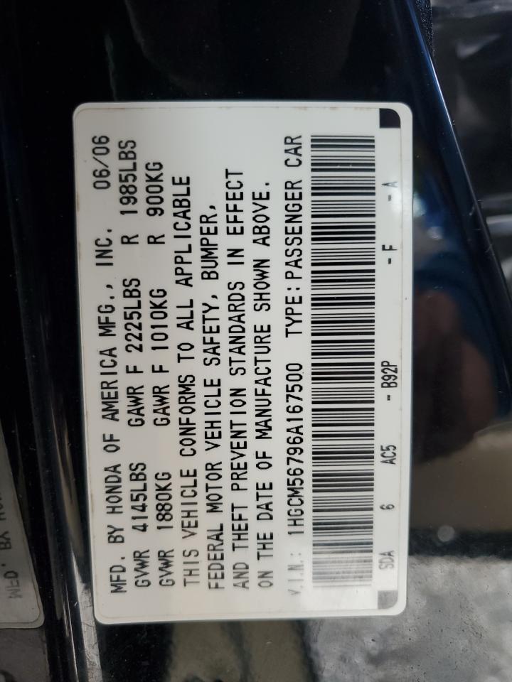 2006 Honda Accord VIN 1HGCM56796A167500 Copart auction photo, rear end / front end damage thumbnail 15