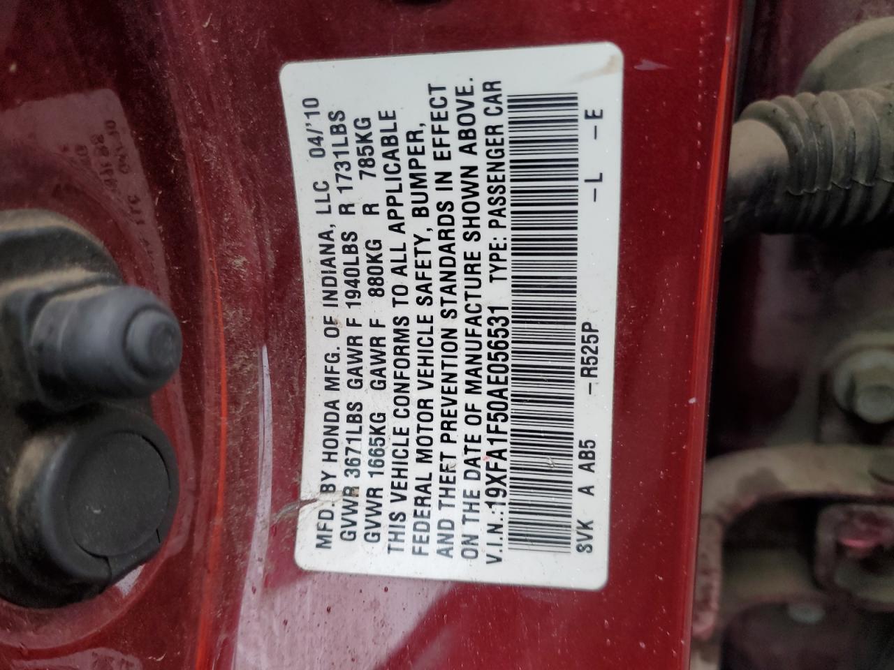 2010 Honda Civic VIN 19XFA1F50AE056531 Copart auction photo, minor dent/scratches damage thumbnail 12