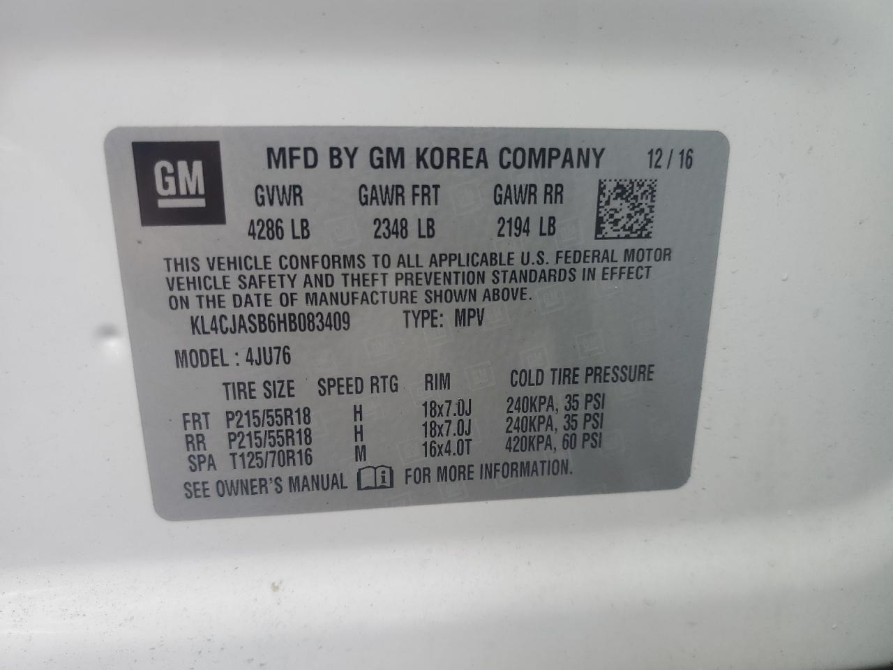 2017 Buick Encore VIN KL4CJASB6HB083409 Copart auction photo, front end / minor dent/scratches damage thumbnail 12