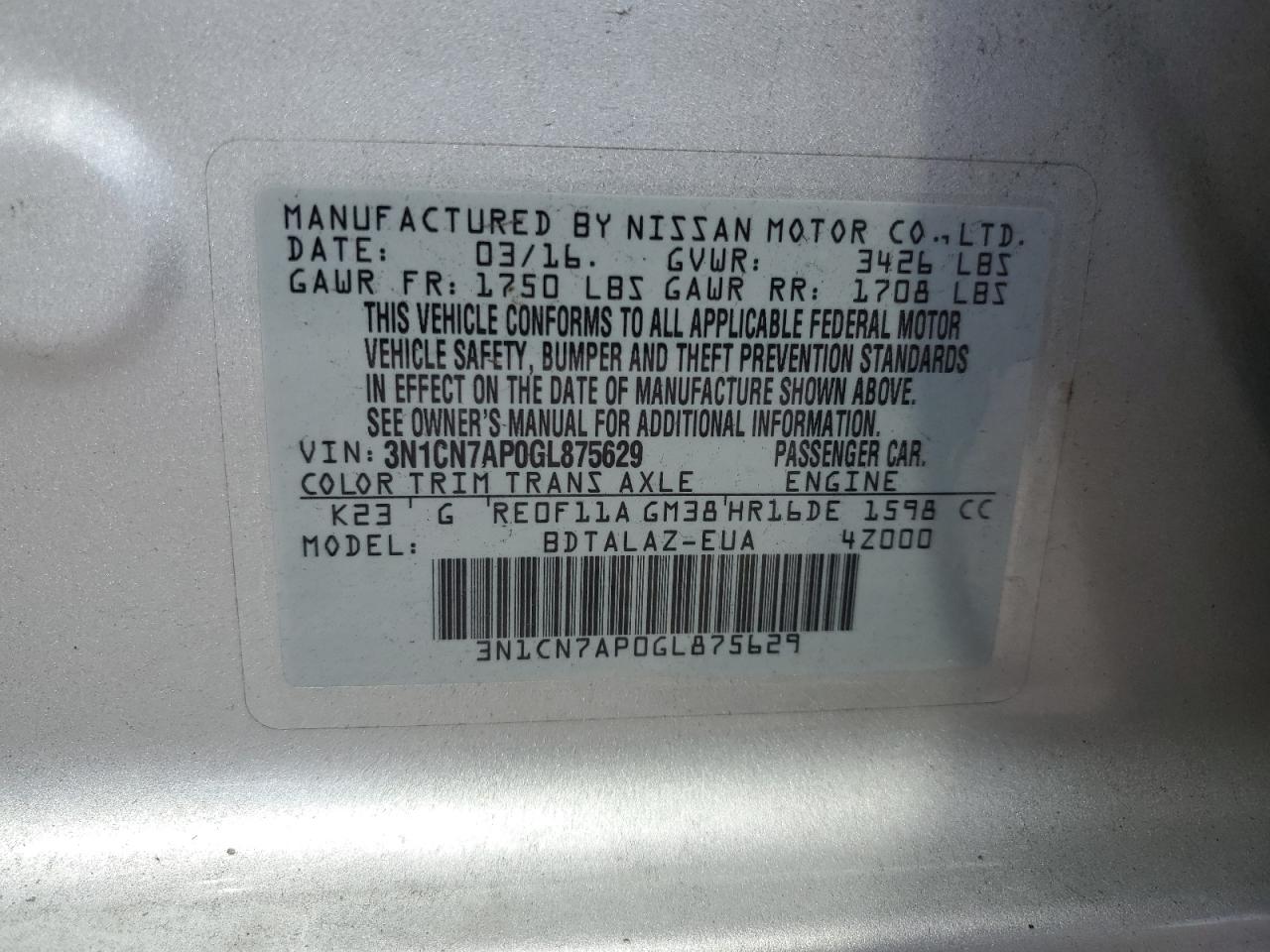 2016 Nissan Versa VIN 3N1CN7AP0GL875629 Copart auction photo, side damage thumbnail 12