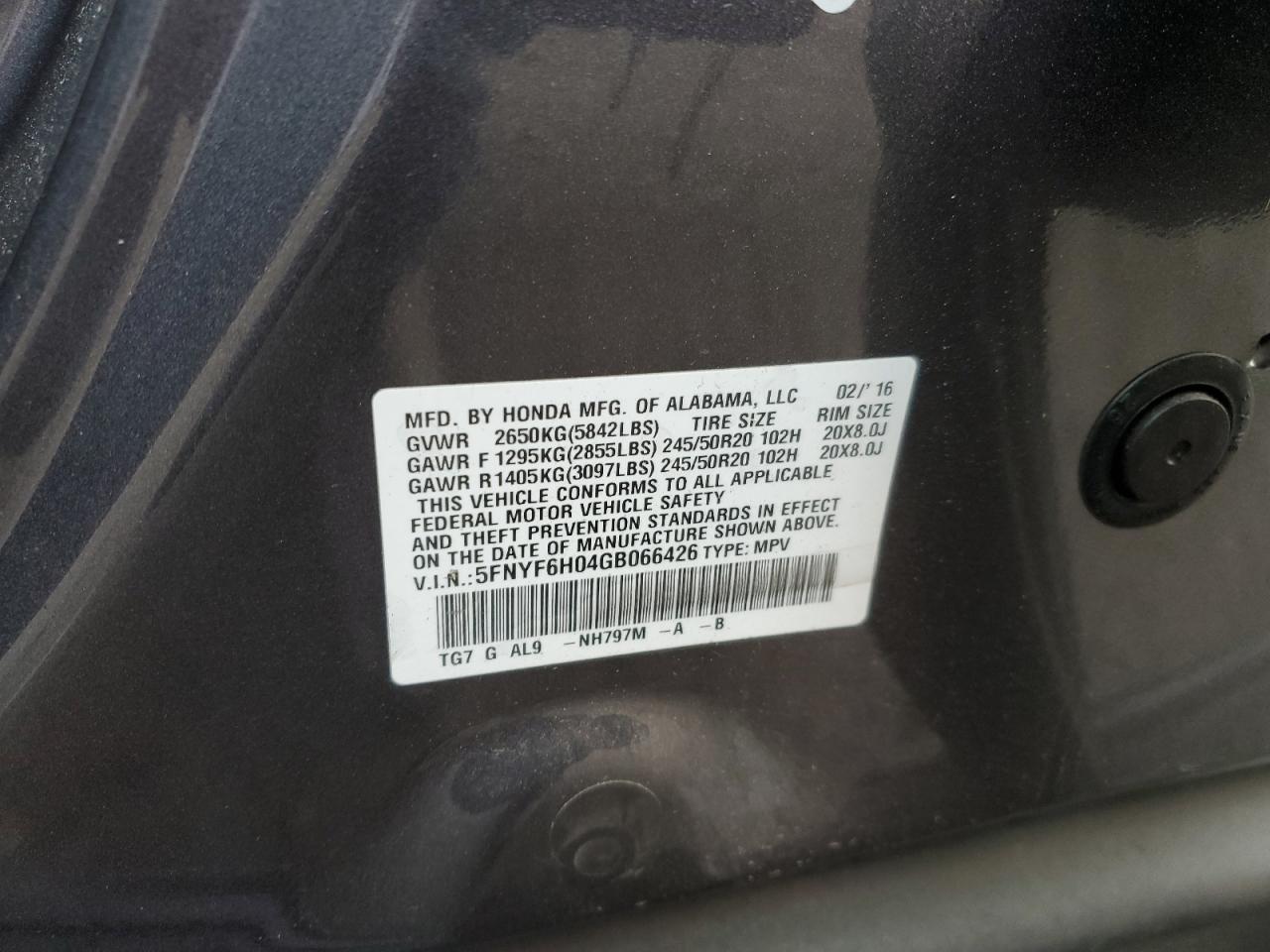 2016 Honda Pilot VIN 5FNYF6H04GB066426 Copart auction photo, rear end / front end damage thumbnail 16