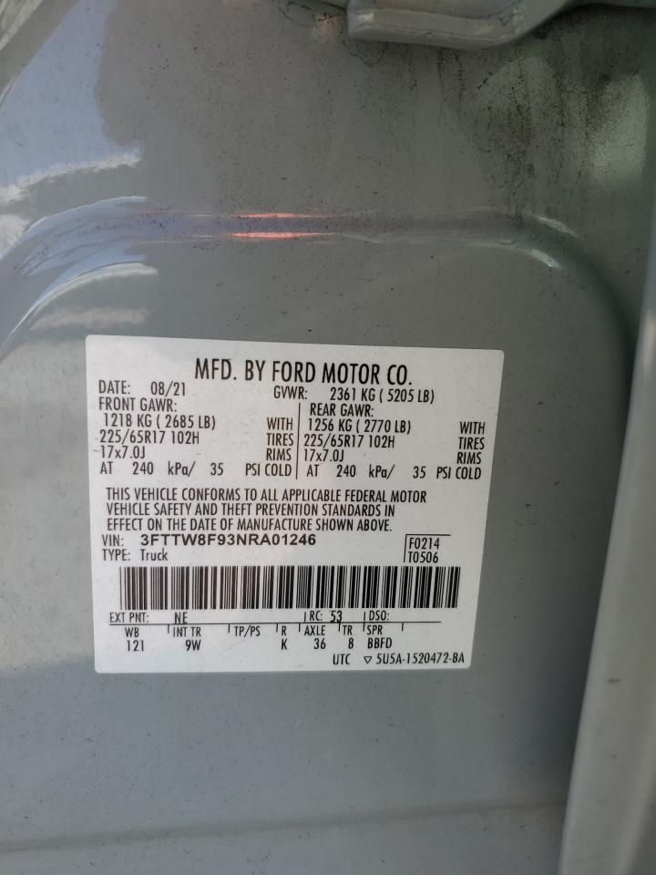 2022 Ford Maverick VIN 3FTTW8F93NRA01246 Copart auction photo, front end damage thumbnail 12