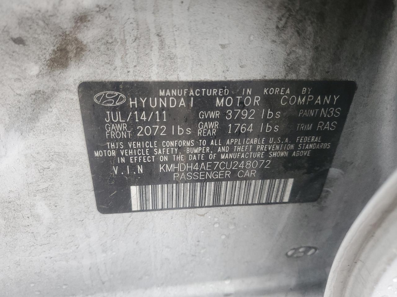 2012 Hyundai Elantra VIN KMHDH4AE7CU248072 Copart auction photo, rear end / front end damage thumbnail 14