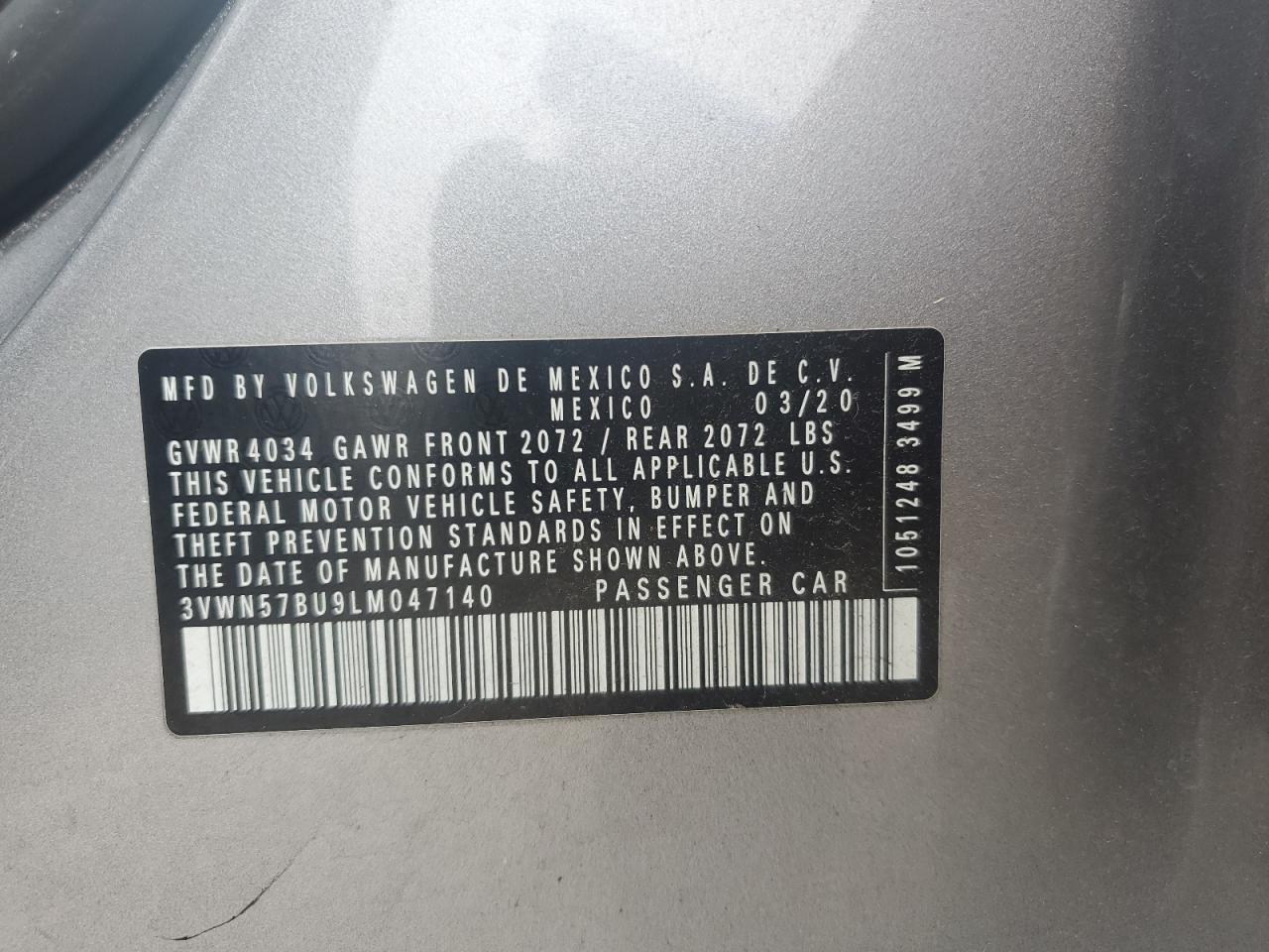 2020 Volkswagen Jetta VIN 3VWN57BU9LM047140 Copart auction photo, front end / side damage thumbnail 12