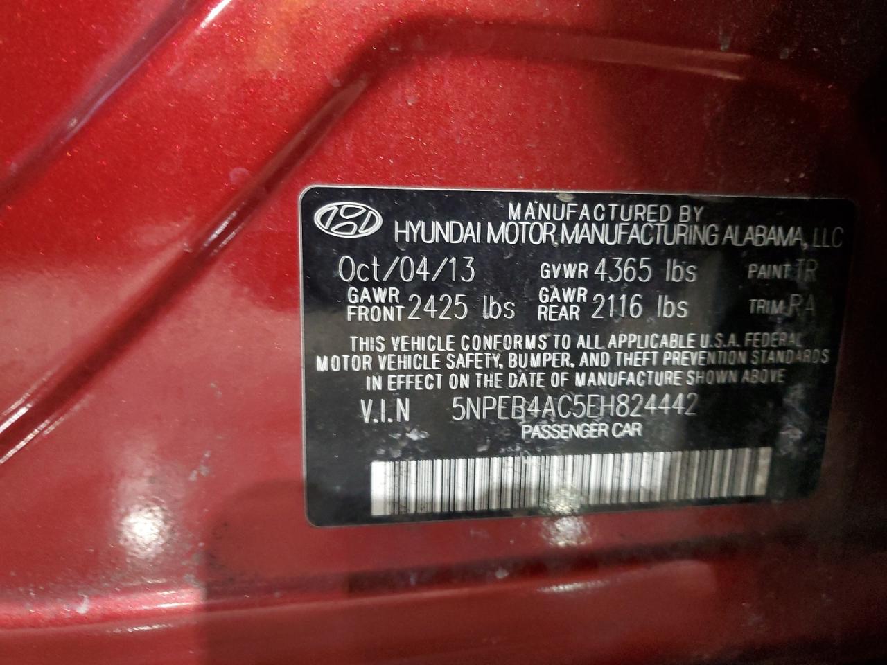 2014 Hyundai Sonata VIN 5NPEB4AC5EH824442 Copart auction photo, front end / minor dent/scratches damage thumbnail 12
