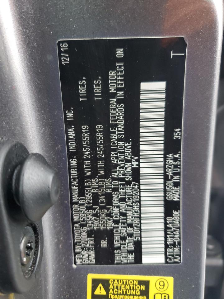 2017 Toyota Highlander VIN 5TDYZRFH3HS192047 Copart auction photo, front end / minor dent/scratches damage thumbnail 13