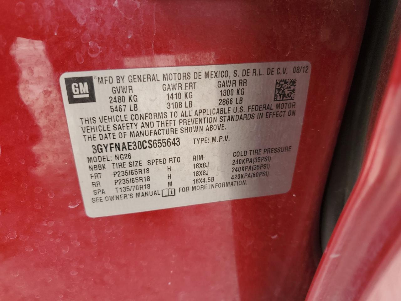 2012 Cadillac SRX VIN 3GYFNAE30CS655643 Copart auction photo, rear end / minor dent/scratches damage thumbnail 14