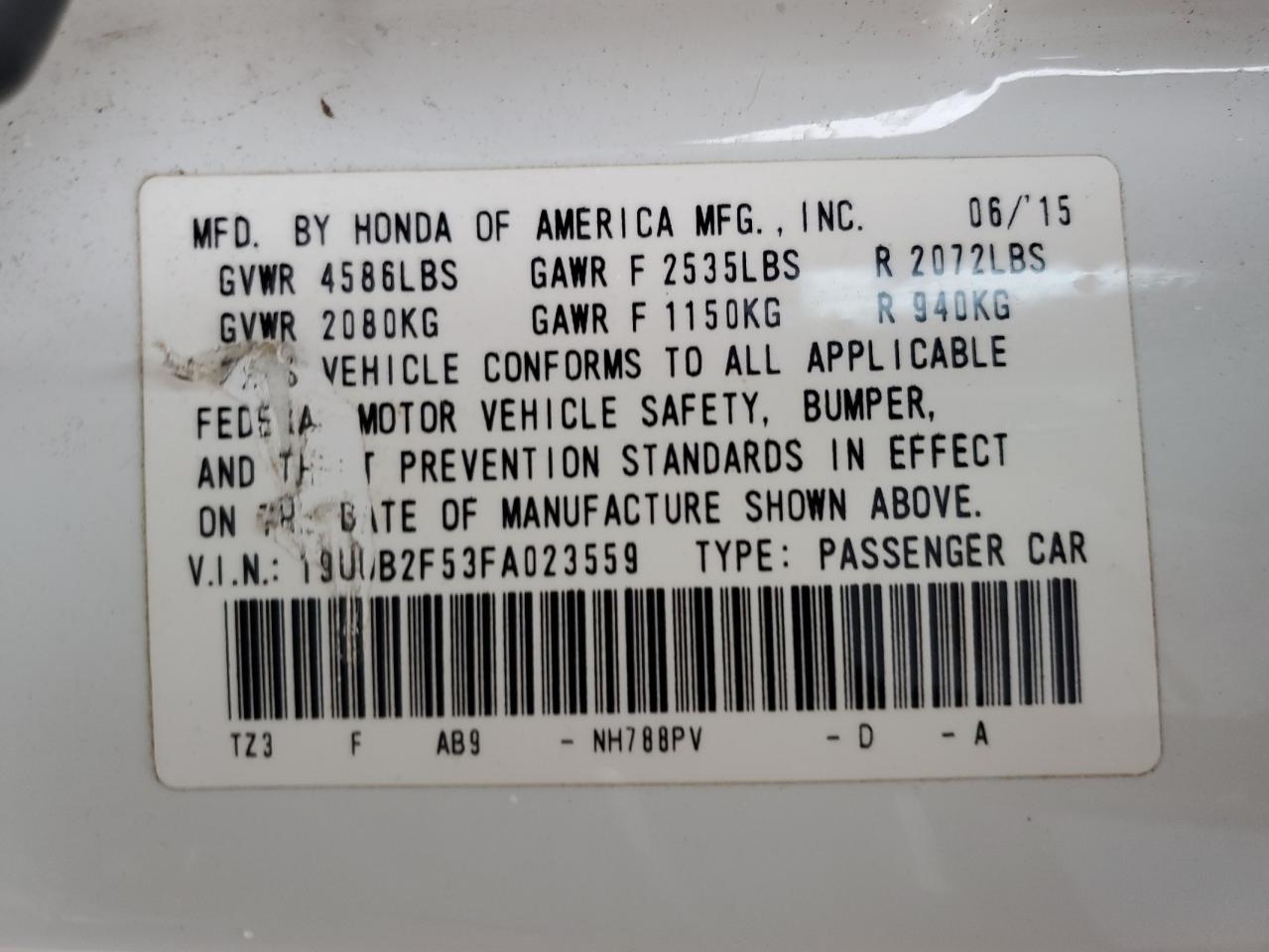 2015 Acura TLX VIN 19UUB2F53FA023559 Copart auction photo, front end / frame damage damage thumbnail 15
