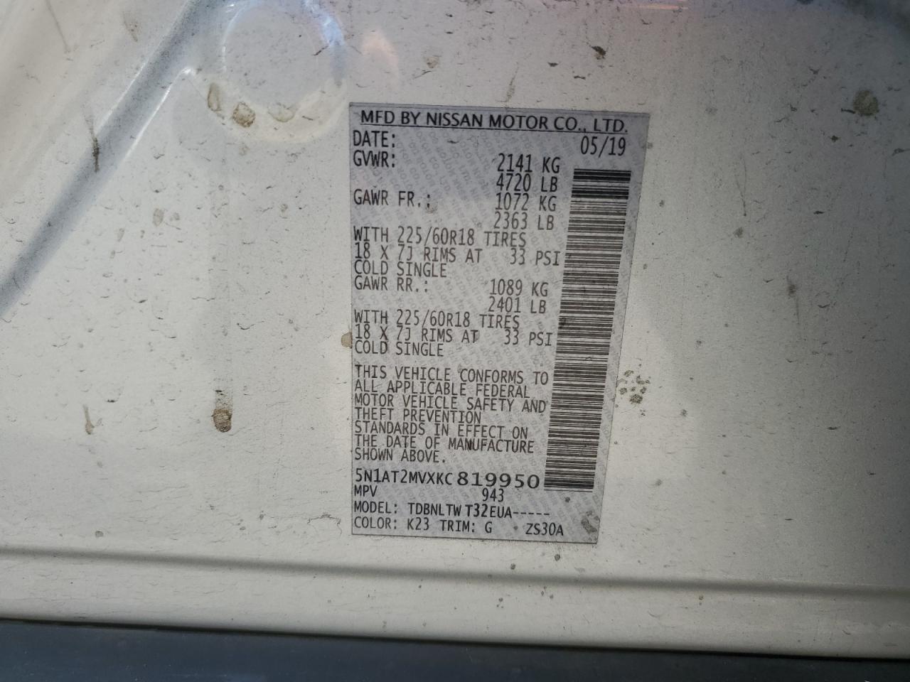 2019 Nissan Rogue VIN 5N1AT2MVXKC819950 Copart auction photo, front end damage thumbnail 16