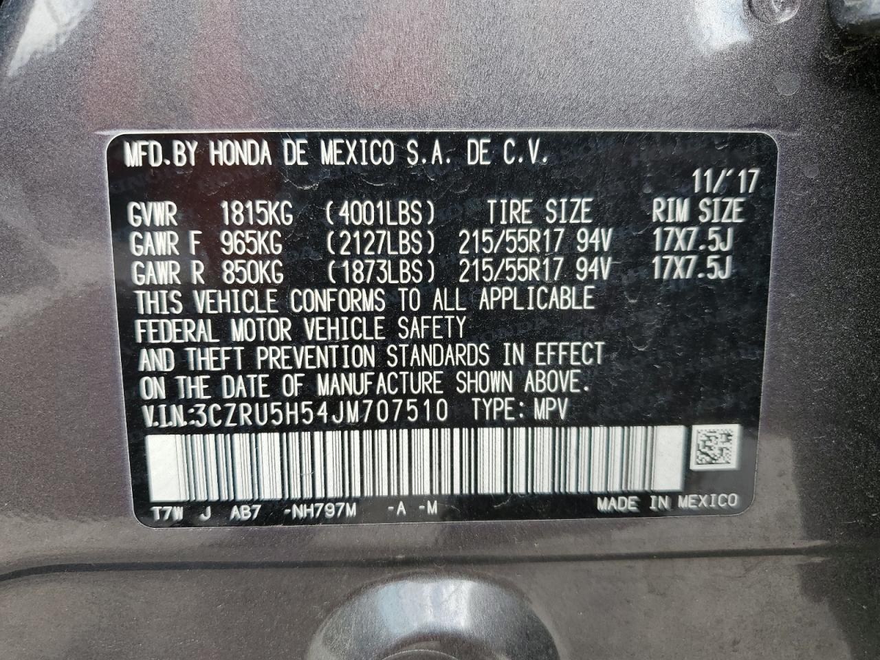 2018 Honda HR-V VIN 3CZRU5H54JM707510 Copart auction photo, rear end damage thumbnail 15