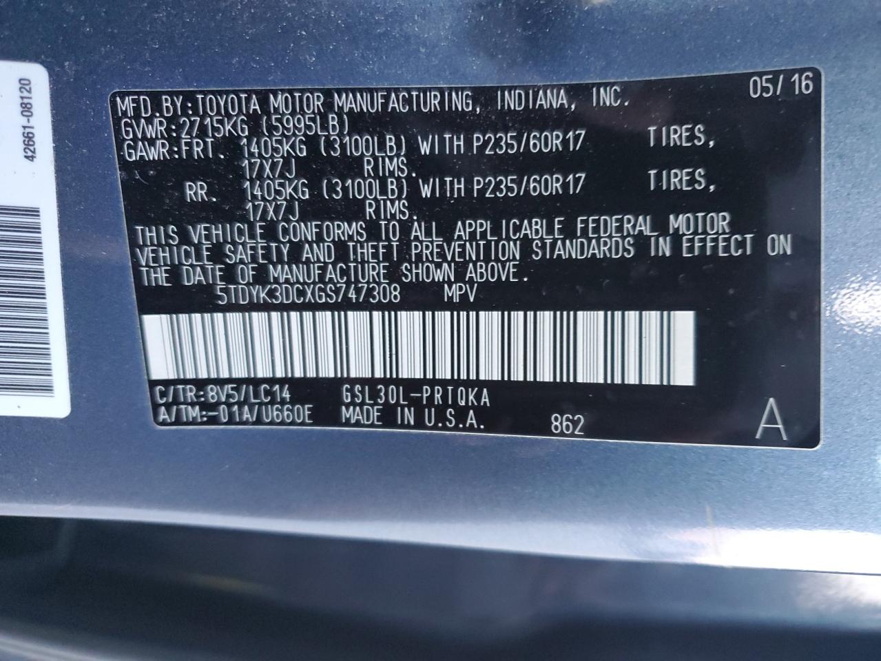 2016 Toyota Sienna VIN 5TDYK3DCXGS747308 Copart auction photo, rear end damage thumbnail 14
