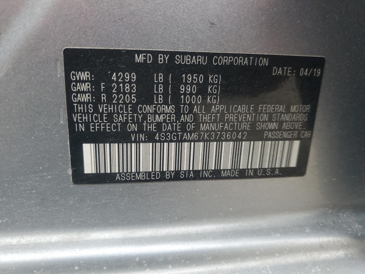 2019 Subaru Impreza VIN 4S3GTAM67K3736042 Copart auction photo, front end damage thumbnail 12