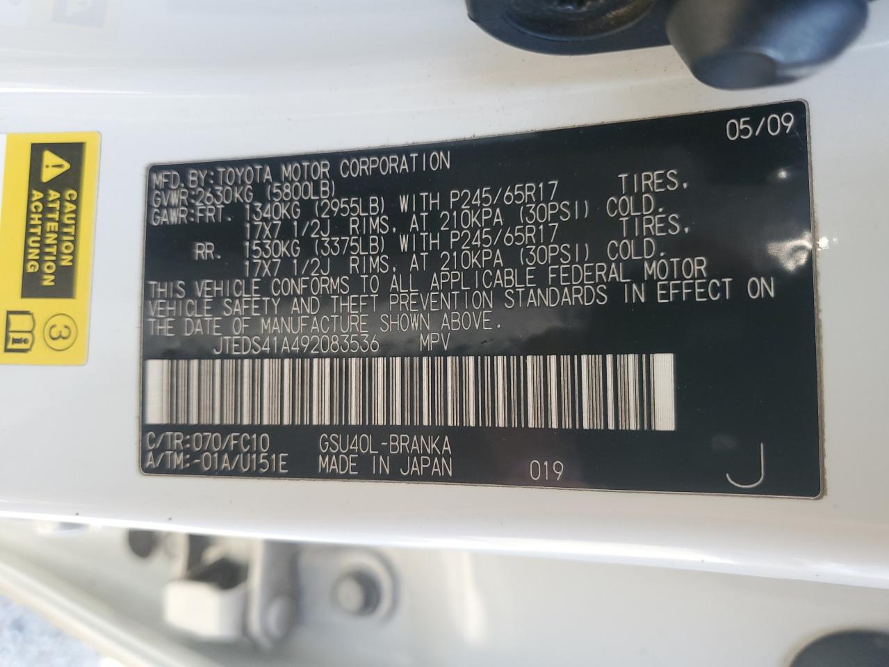 2009 Toyota Highlander VIN JTEDS41A492083536 Copart auction photo, front end damage thumbnail 13