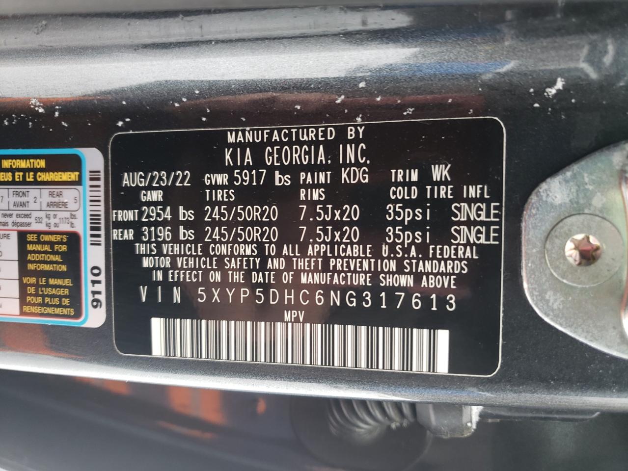 2022 KIA Telluride VIN 5XYP5DHC6NG317613 Copart auction photo, front end damage thumbnail 14