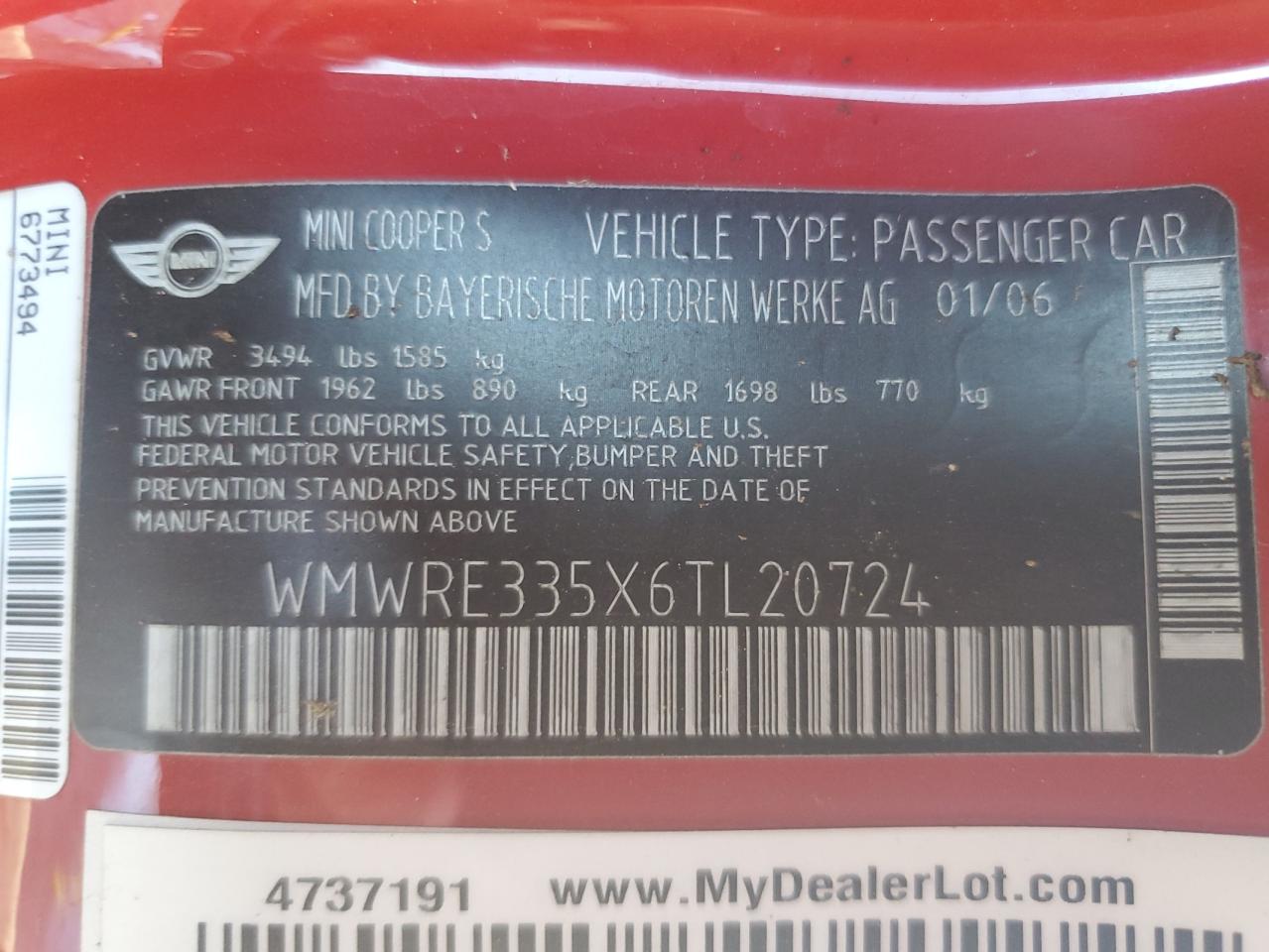 2006 MINI Cooper VIN WMWRE335X6TL20724 Copart auction photo, front end damage thumbnail 14