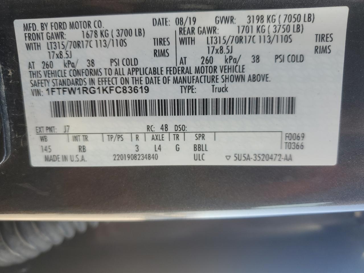2019 Ford F-150 VIN 1FTFW1RG1KFC83619 Copart auction photo, all over damage thumbnail 14