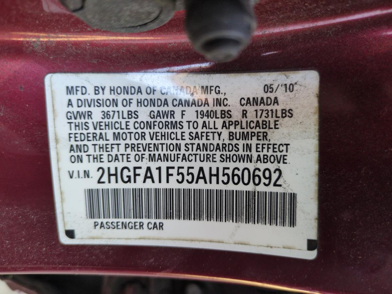 2010 Honda Civic VIN 2HGFA1F55AH560692 Copart auction photo, water/flood damage thumbnail 13