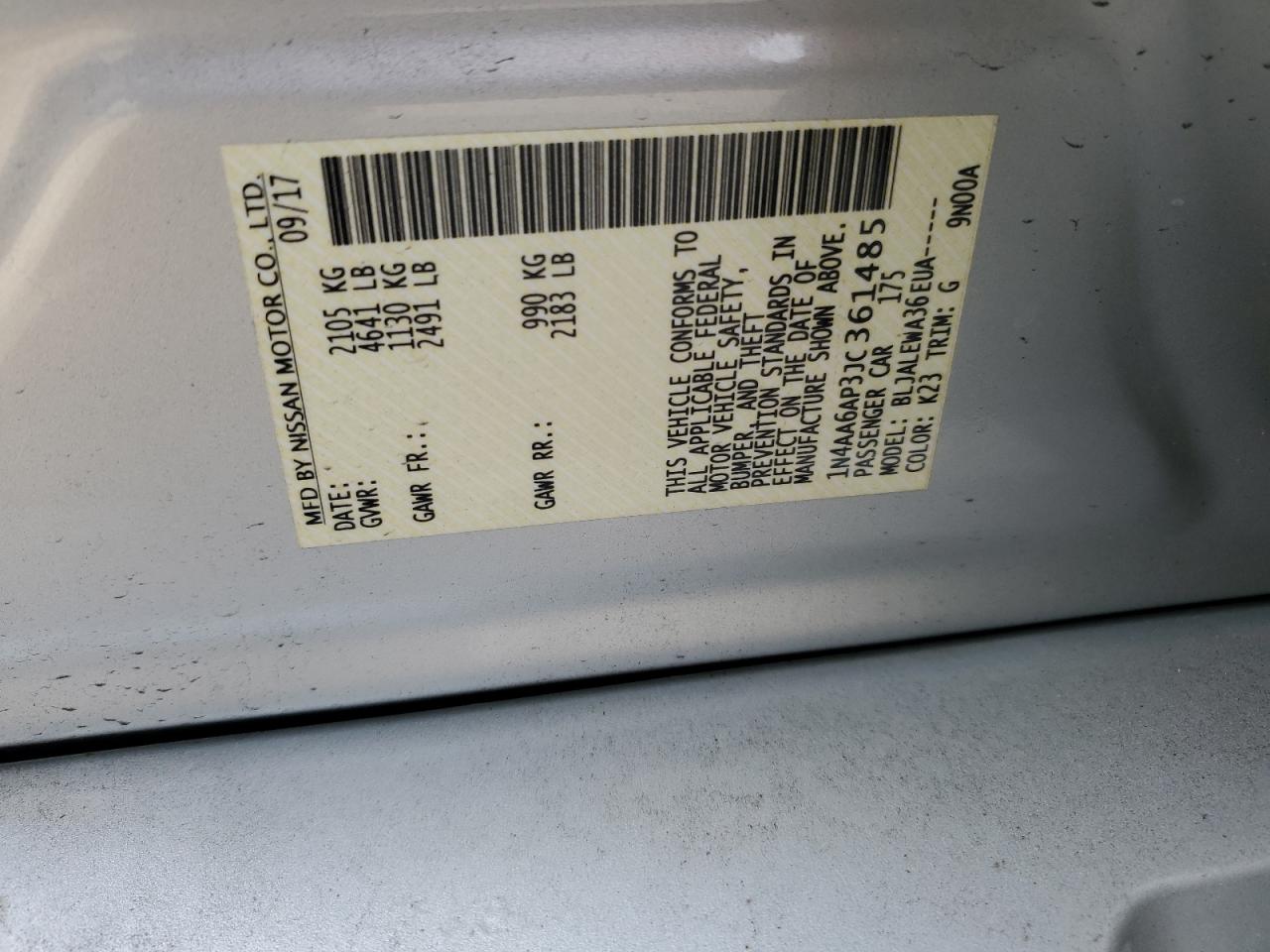 2018 Nissan Maxima VIN 1N4AA6AP3JC361485 Copart auction photo, rear end damage thumbnail 12