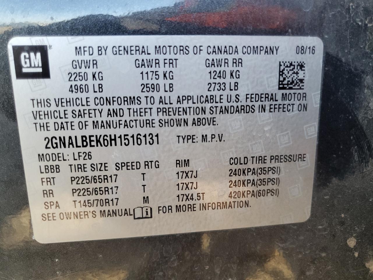 2017 Chevrolet Equinox VIN 2GNALBEK6H1516131 Copart auction photo, mechanical / minor dent/scratches damage thumbnail 13
