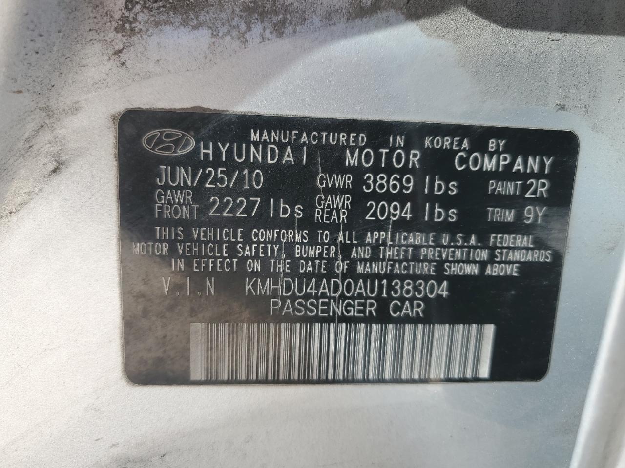 2010 Hyundai Elantra VIN KMHDU4AD0AU138304 Copart auction photo, front end / side damage thumbnail 12