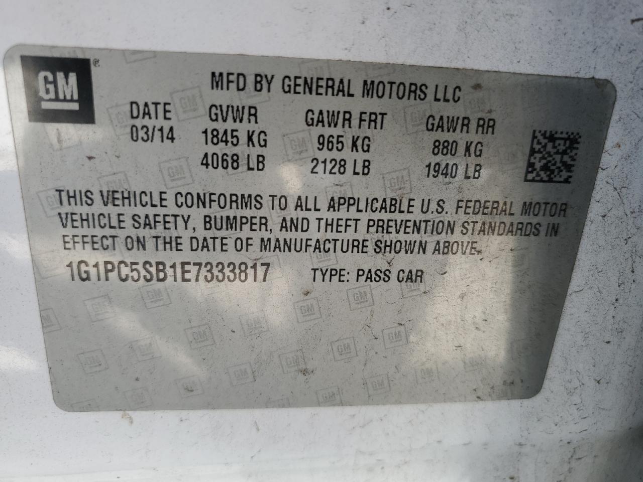 2014 Chevrolet Cruze VIN 1G1PC5SB1E7333817 Copart auction photo, front end damage thumbnail 12