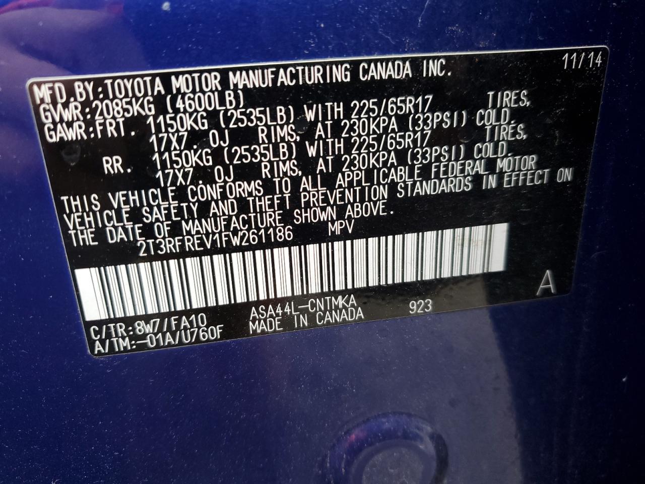 2015 Toyota RAV 4 VIN 2T3RFREV1FW261186 Copart auction photo, front end damage thumbnail 13