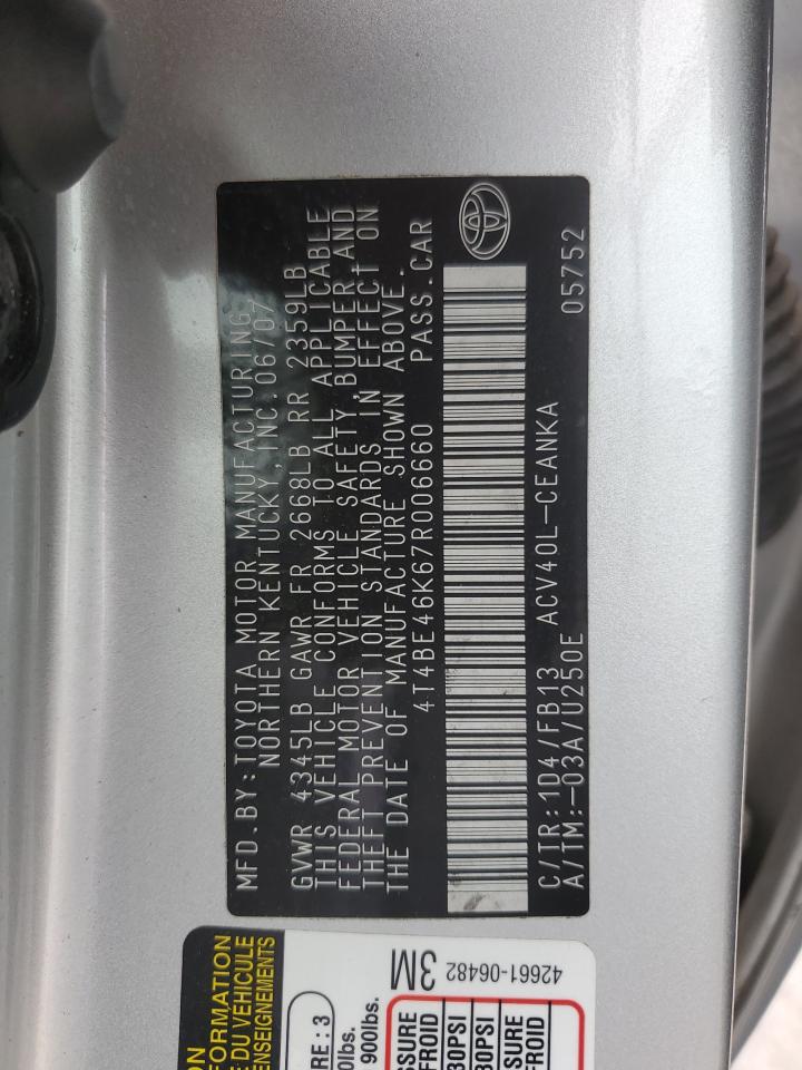 2007 Toyota Camry VIN 4T4BE46K67R006660 Copart auction photo, front end damage thumbnail 14