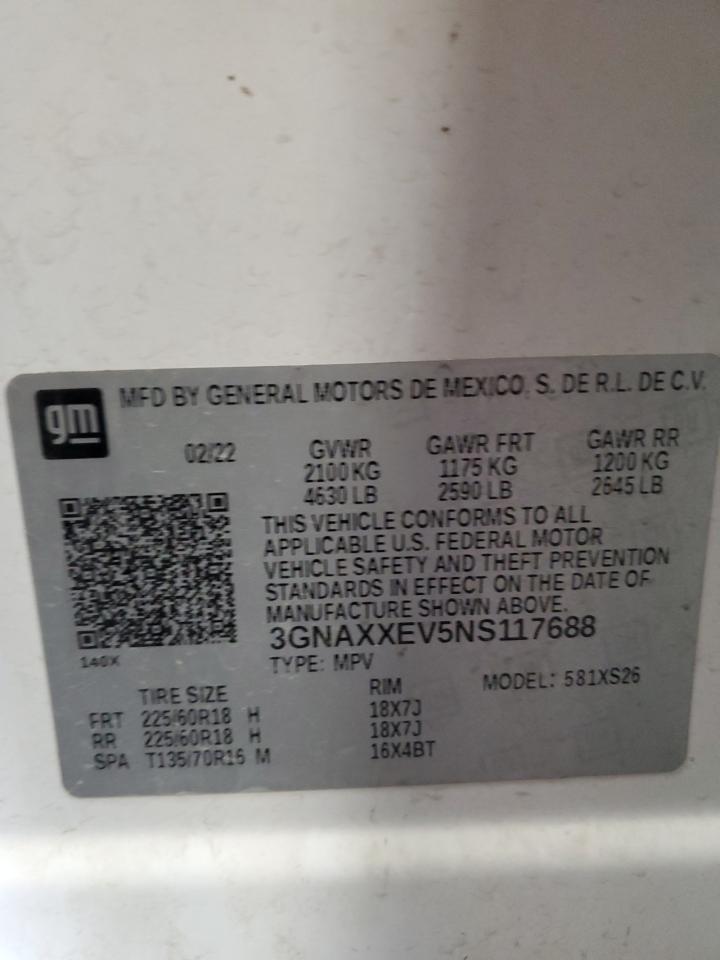 2022 Chevrolet Equinox VIN 3GNAXXEV5NS117688 Copart auction photo, rear end / side damage thumbnail 14