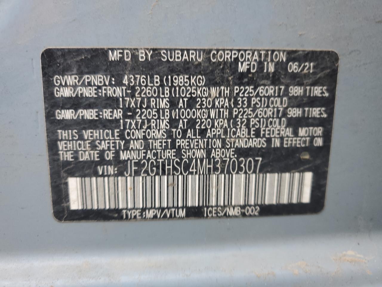 2021 Subaru XV VIN JF2GTHSC4MH370307 Copart auction photo, front end damage thumbnail 13