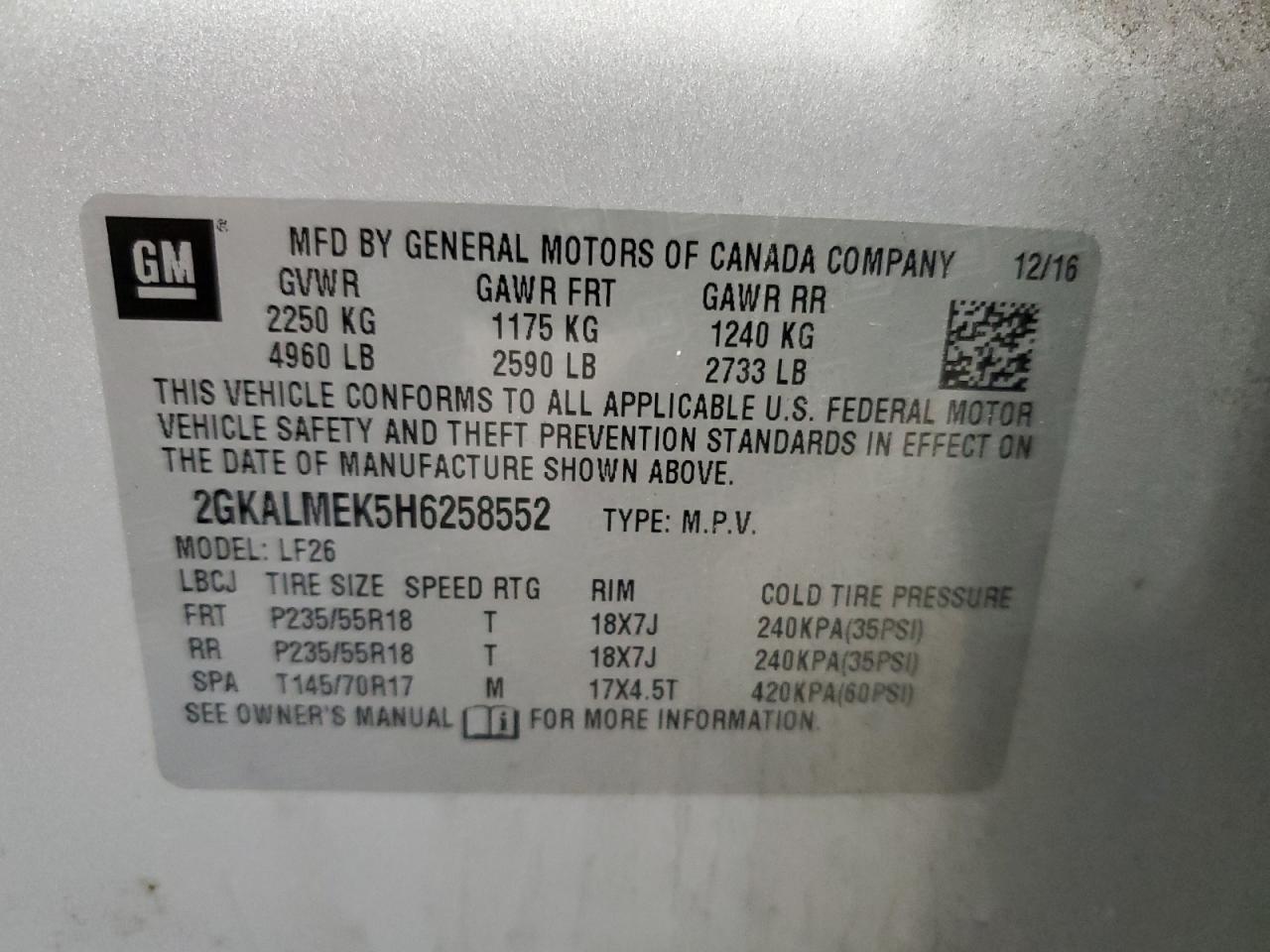 2017 GMC Terrain VIN 2GKALMEK5H6258552 Copart auction photo, front end / side damage thumbnail 15