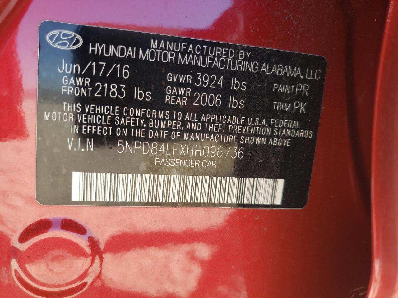2017 Hyundai Elantra VIN 5NPD84LFXHH096736 Copart auction photo, front end / rear end damage thumbnail 14