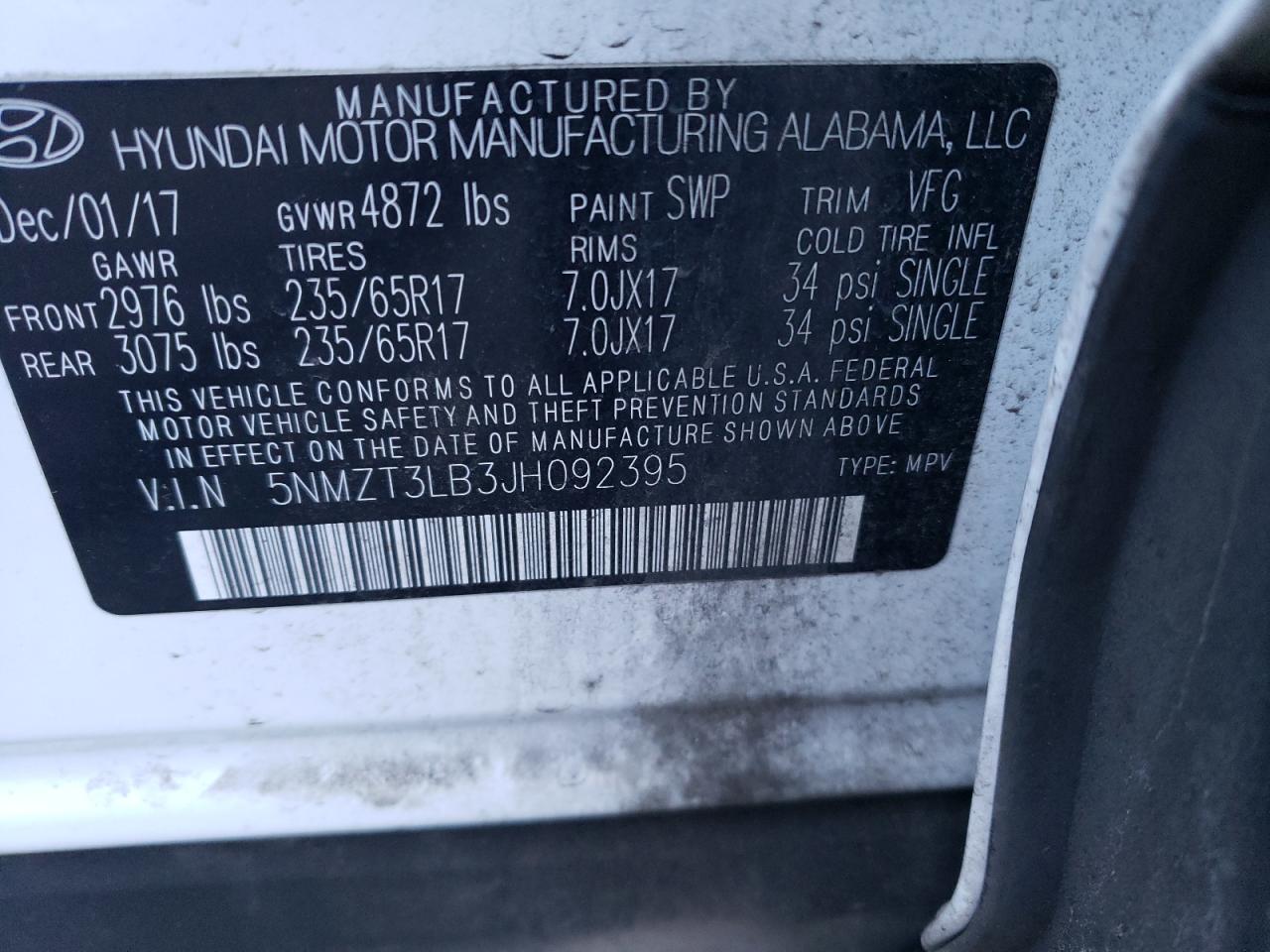 2018 Hyundai Santa Fe VIN 5NMZT3LB3JH092395 Copart auction photo, side damage thumbnail 13