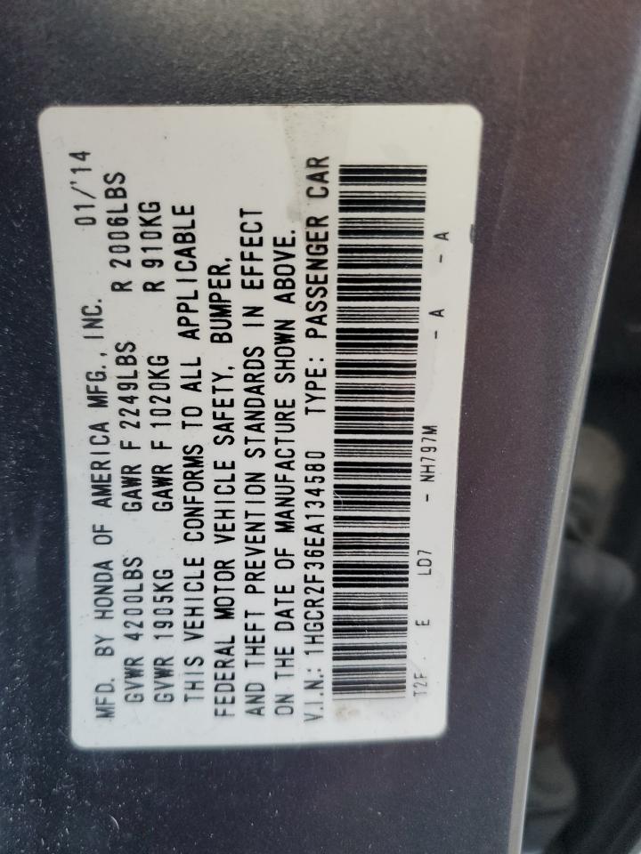2014 Honda Accord VIN 1HGCR2F36EA134580 Copart auction photo, side / rear end damage thumbnail 12
