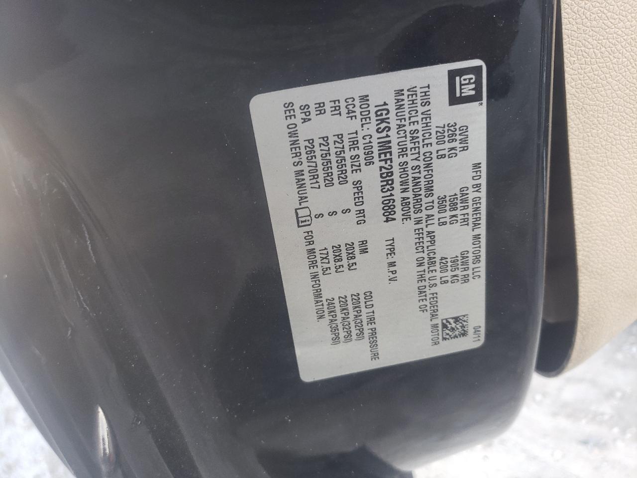 2011 GMC Yukon VIN 1GKS1MEF2BR316884 Copart auction photo, all over damage thumbnail 12